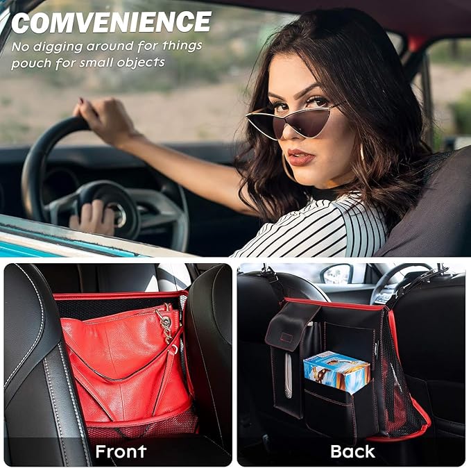 eing Car Net Pocket Handbag Holder Pu Leather Between Seats Back Storage Organizer Purse Holder for Console Front Seat Storage Barrier, Black+Red