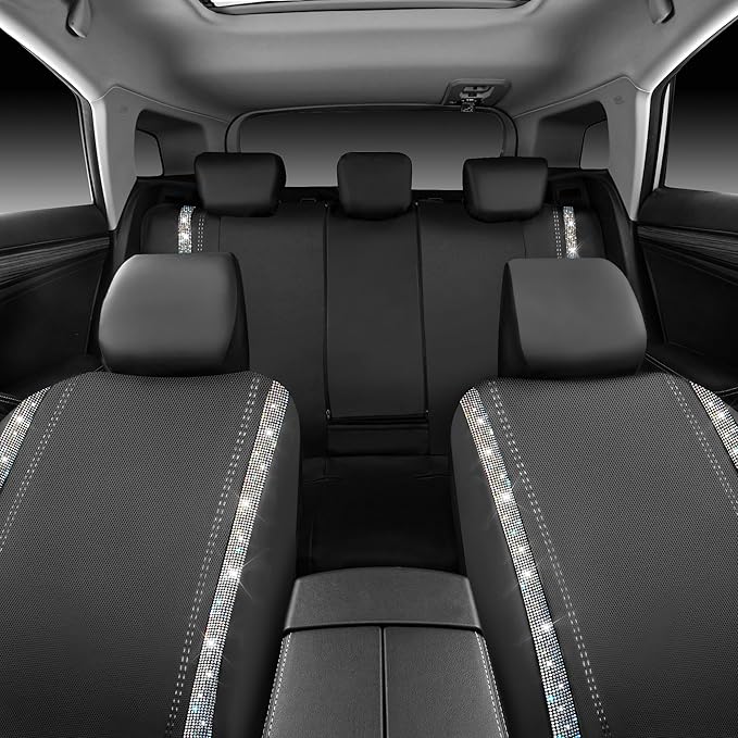 CAR PASS Bling Diamond Car Seat Cover Full Set, Shining Rhinestone Waterproof Leather, Rear with Zipper, Universal Fit 95% Automotive Glitter Sparkle Crystal for Cute Women Girl, Colorful Diamond