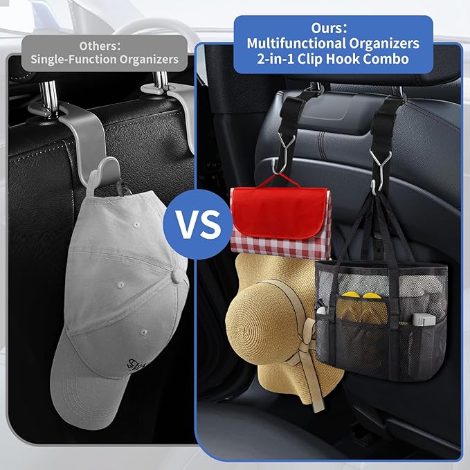 Headrest Hooks for Car, 2-in-1 Backseat Organizer with Bag Hook & Hat Clip, Extendable Universal Vehicle Storage Hanger Car Gifts for Purse, Grocery, Shopping Bag, Cap (4 Pack)