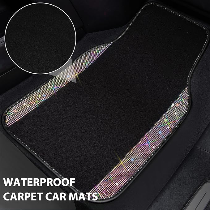 CAR PASS Iridescent Bling Rhinestones Diamond Car Floor Mats Waterproof, Anti-Slip PVC Heel Pad, Universal for Automotive SUV,Sedan,Van,4pcs Girl Women Lady Sparkly Shining Multicolor Colorful Crystal