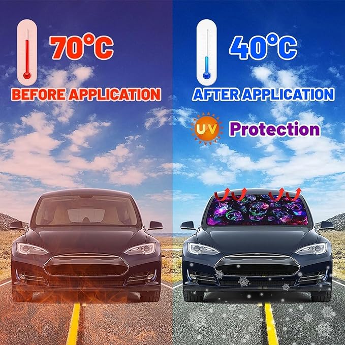Neon Skull Butterflies Car Windshield Sunshade Umbrella Retractable Sun Shade for Car Upgraded Umbrella Front Window Sun Shade Cover UV Blocks Heat Insulation Sunshades