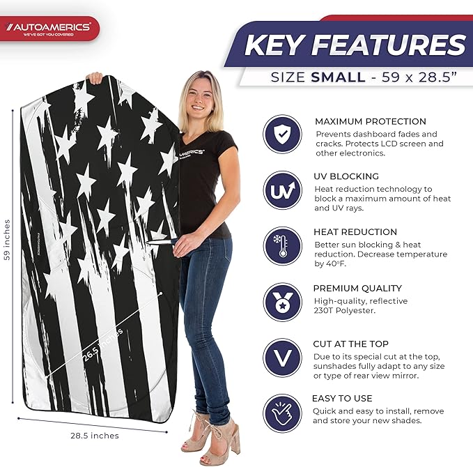 Autoamerics 1-Piece Windshield Sun Shade B&W Art American Flag USA Design - Foldable Car Front Window Sunshade for Most Sedans SUV Truck - Blocks Max UV Rays and Keeps Your Vehicle Cool - Small