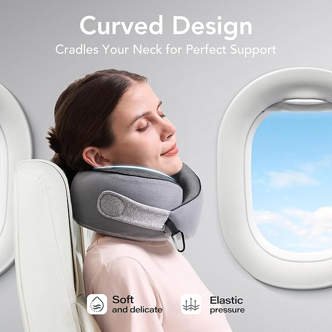 Travel Pillow, 100% Pure Memory Foam Travel Neck Pillow Airplane Neck Support Ergonomic Design for Traveling Suitable for Airplanes,Offices and Cars-Gray