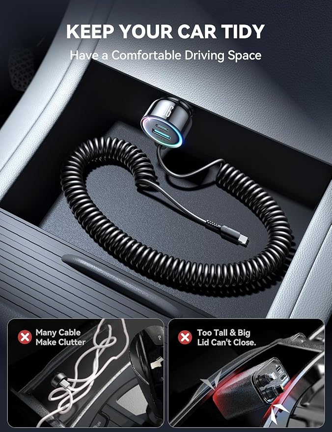 90W Car Charger USB C for iPhone 17/16 Pro Max, PD&QC3.0 w/6.65ft 45W Type Coiled Cable, Fast Car Phone Charger Adapter for iPhone 17Air/15 Pro, Samsung Galaxy S25/S24/S23, Pixel 10/LG/Android, iPad