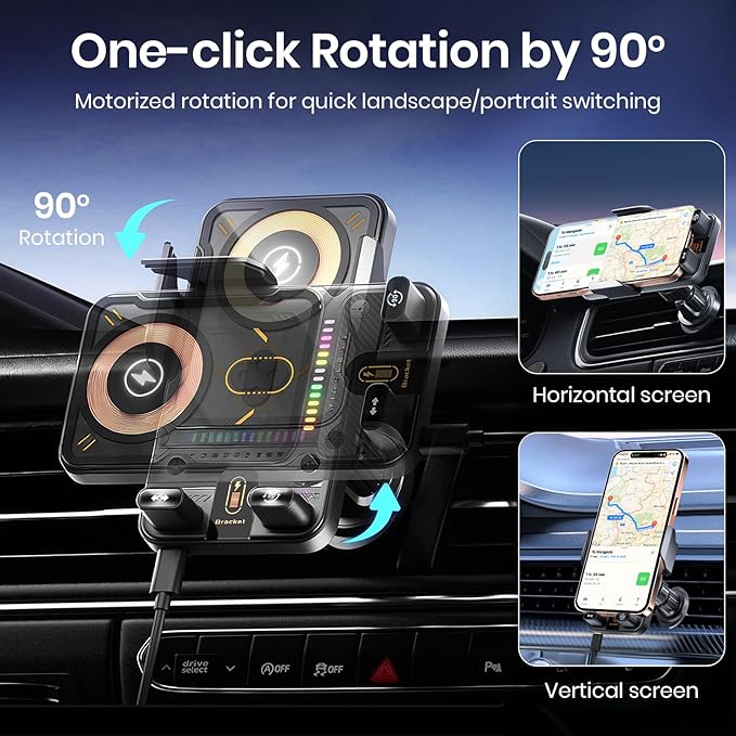Car Phone Holder with 15W Wireless Car Charger, Car Vent Mount with Induction Opening and Closing, Air Vent Phone Stand with Horizontal and Vertical Screen Rotation Adjustment for iPhone - Blcak