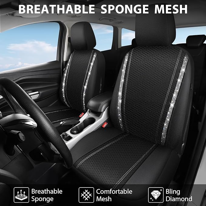 CAR PASS Memory Foam Mesh Bling Diamond Car Seat Cover 2 Front Seat Breathable Soft Sponge Universal Shining Glitter Sparkly Crystal Fit Armrest Automotive Truck SUV Cute Women Girl, Silver Rhinestone