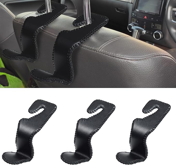 3Pcs Car Seat Headrest Hooks, Back Seat Purse Leather Hanger Holder Hook, Magnetic Storage Organizer for Purses Handbag Grocery Bags Coats