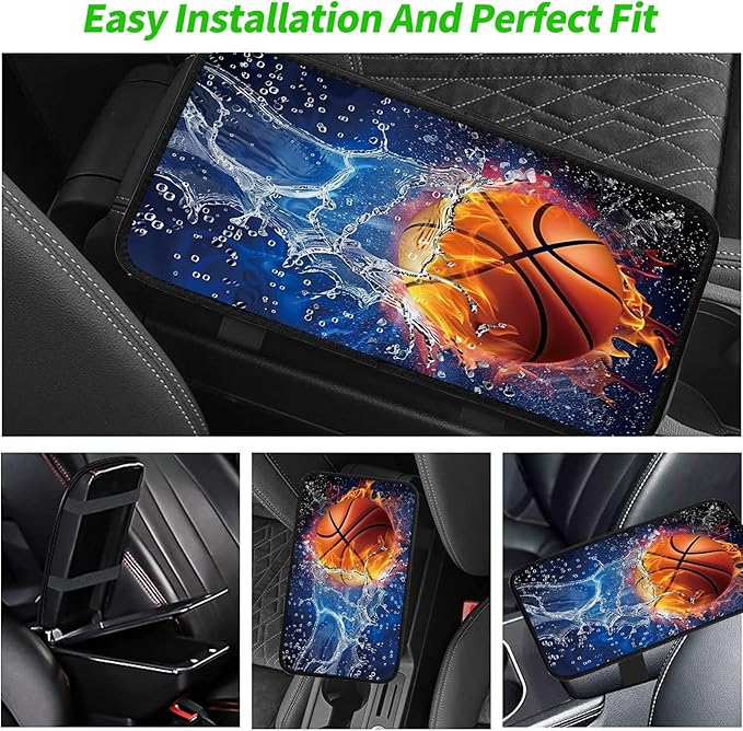 Car Armrest Cover Pads Universal Fashion Cute Auto Center Console Armrest Cover Pad with 2PCS Car Coasters Soft Waterproof Car Armrest Seat Protector for Women, Basketball