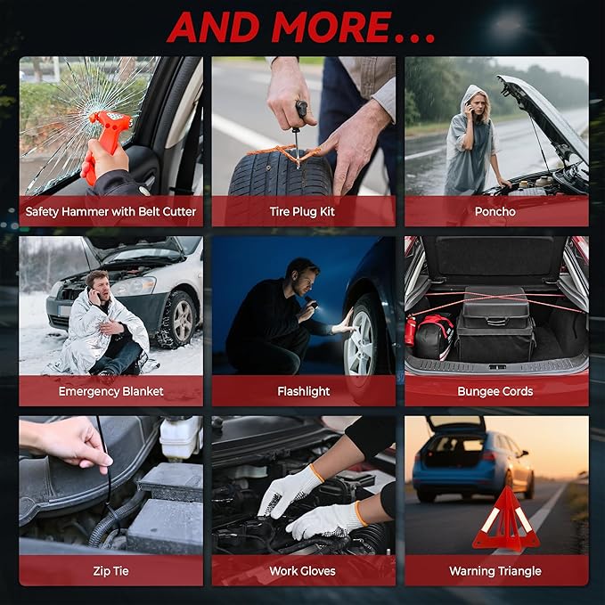 Car Emergency Safety Kit Bag with Portable Air Compressor, Jumper Cables,First Aid Kit, Winter Vehicle Roadside Emergency Kit with Snow Brush and Ice Scraper, for Women, Men, Teen