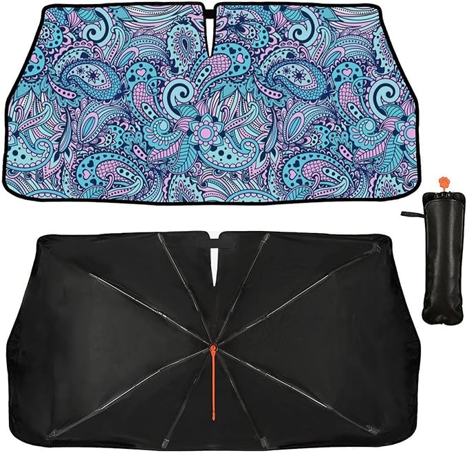 CHILL·TEK Funny Car Windshield Sun Shade Umbrella, 70s 80s Flower Car Sun Shade Umbrella, Block UV Rays Heat Foldable Windshield Umbrella Sun Visor Protector - Keep Vehicle Cool for Cars SUV