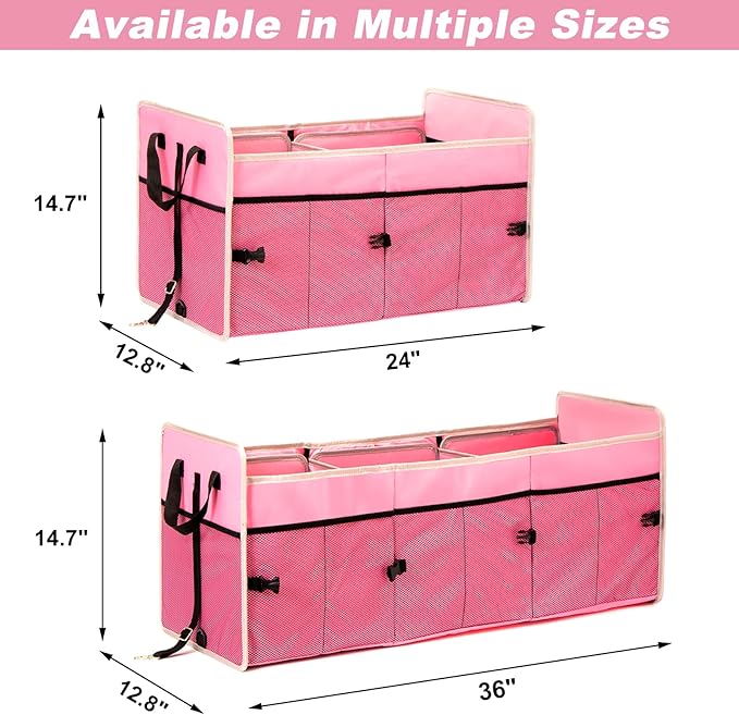 Car Trunk Organizer with Individual Cooler Bag - 2 Compartment Collapsible Car Storage for SUV (Pink)