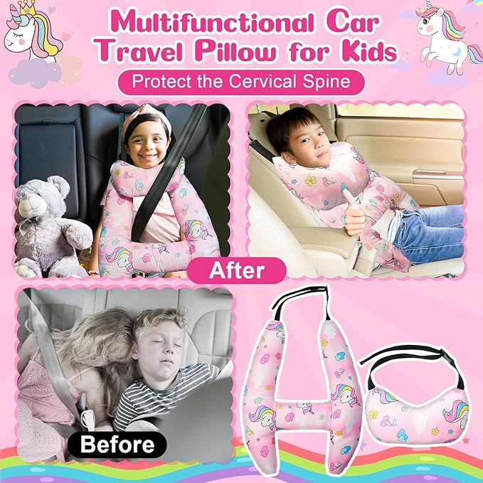 Chunful H-Shape Car Seat Pillow for Kids Car Travel Pillow for Kid Children Vehicle Sleeping Head Support Back Seat Adjustable Head Neck and Shoulder Support for Long Trips Sleeping (Unicorn)