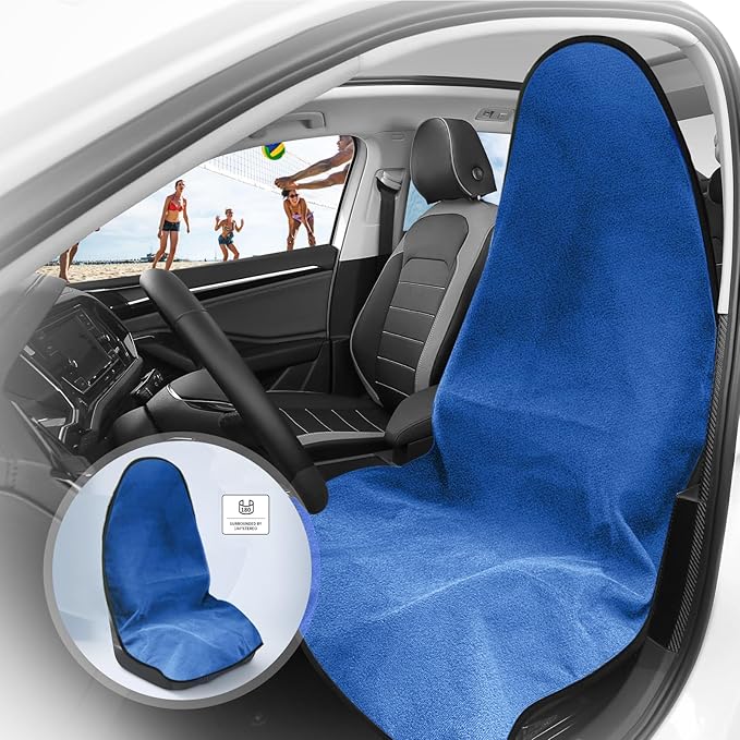 ZIMABLUE 1PC Waterproof Towel Car Seat Cover - 525g Heavy Duty 3-Layer Microfiber Sweat Protector for Bucket Seats - Non-Slip Machine Washable Universal Fit for Gym, Yoga, Beach, Pets & Outdoors-Blue