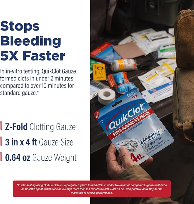 Adventure Medical Kits QuikClot Advanced Clotting Gauze - Stops Bleeding Up to 5X Faster Than Standard Gauze - Kaolin Hemostatic Dressing - for First Aid Kits & Survival Gear - 3 x 48
