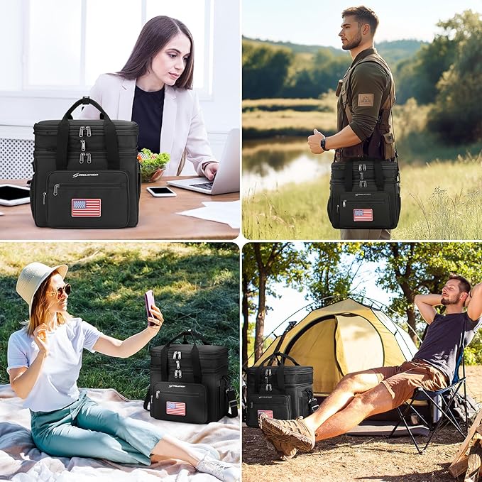 Maelstrom Lunch Box, 23L Insulated Lunch Bag, Expandable Double Deck Cooler Bag, Lightweight Leakproof Tote Bag With Side Tissue Pocket, Suit For Men and Women (F Black with DIY Hook-and-Loop)