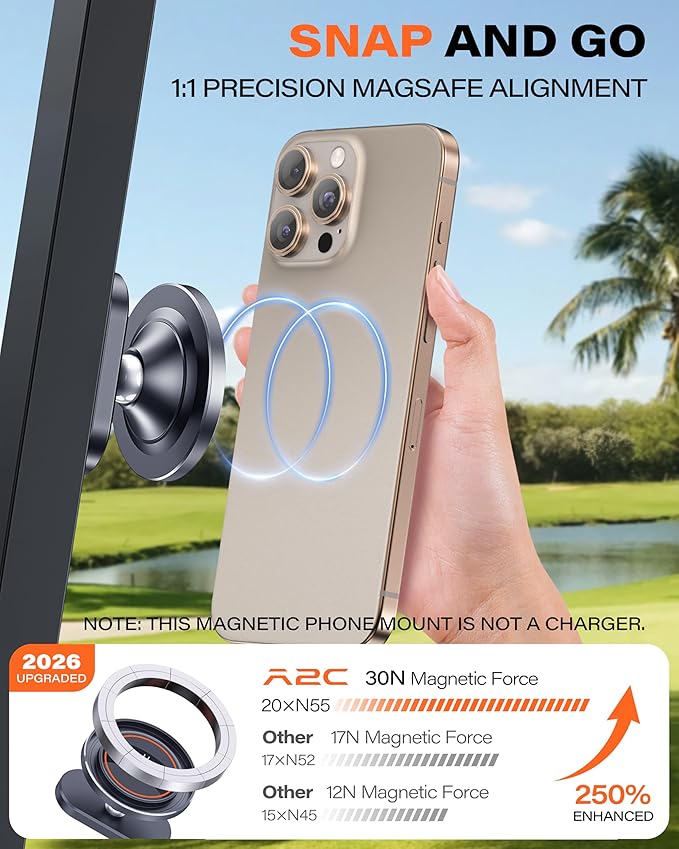 A2C Alloy Magnetic Golf Cart Phone Holder for MagSafe iPhone, Unique Golf Gifts for Men Golfers Dad Father, Golf Gift for Him Husband, Golf Accessories Essentials Gadgets Fits EZGO, Club Car, Yamaha