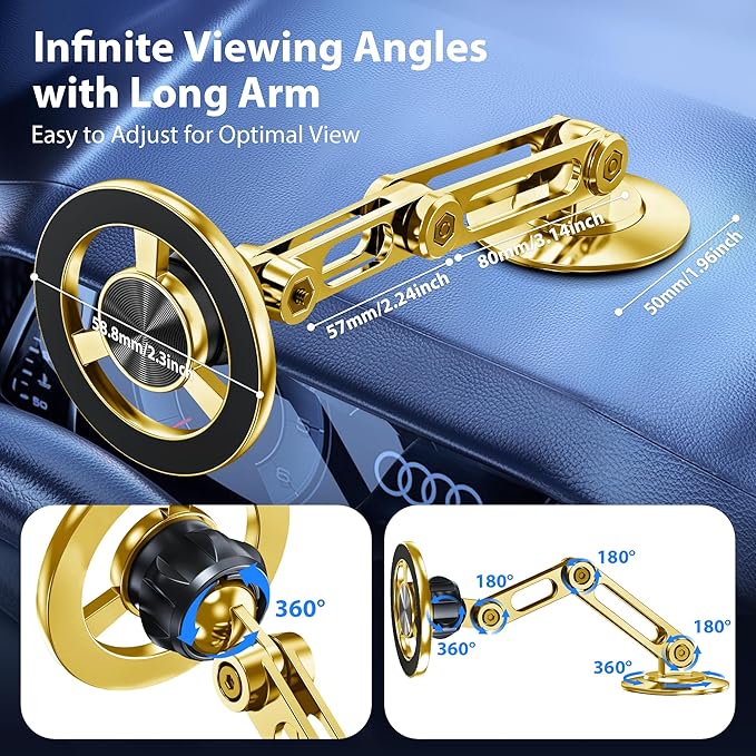 Ultra Magnetic Long-Arm Phone Holder Stand, Fits for MagSafe Car Mount Bracket【Windshield+Vent+Dash】, 360° Rotation Adjustable Strong Magnets Car Mount Desk Office Phone Cradle Holder, Gold