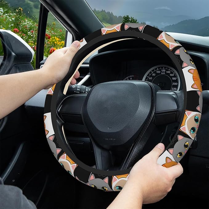 Cartoon Lovely Cats Steering Wheel Covers Universal 15 Inch Car Wheel Cover,Anti-Slip Breathable Car Accessories Protector Fit for Trucks,Sedans,SUVs,Vans