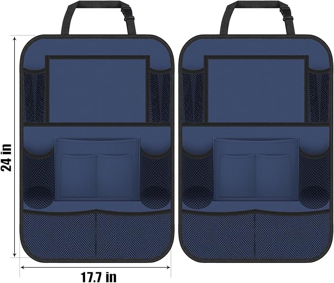 ULEEKA Car Backseat Organizer with 11" Table Holder, 10 Storage Pockets Seat Back Protectors Kick Mats for Kids Toddlers, Travel Accessories, 2 Pack, Blue