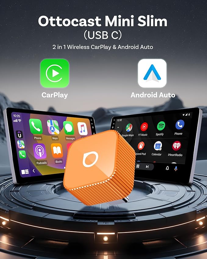 OTTOCAST Mini Cube 3.0 Wireless Carplay Adapter for Apple iPhone, 2-in-1 Car Play Android Auto Adapter, Convert Wired CarPlay to Wireless, Low Latency (Orange, USB C)