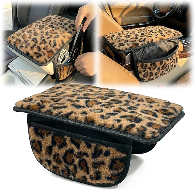Plush Leopard Print Car Center Console Cover with Side Pockets, Fluffy Armrest Cushion Pad,Soft Cheetah Car Interior Decorations Accessories with Storage for Women,Universal Fit for Vehicles SUV Truck