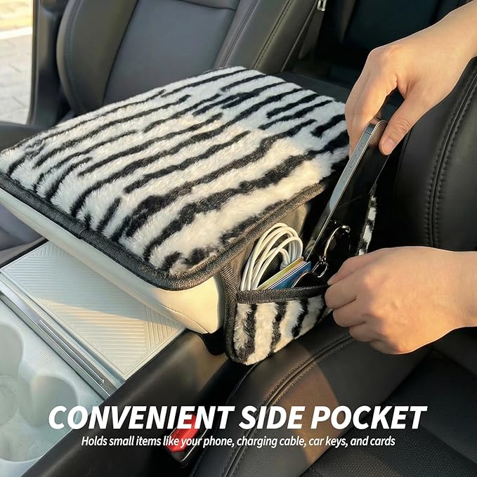 Plush ZebraPrint Car Center Console Cover with Side Pockets, Fluffy Armrest Cushion Pad,Soft Zebra Car Interior Decorations Accessories with Storage for Women,Universal Fit for Vehicles SUV Truck