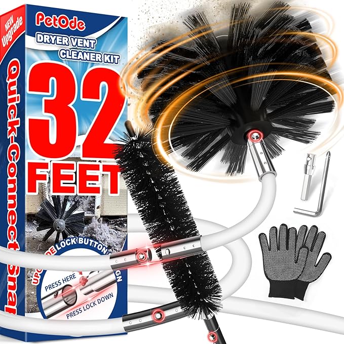 PetOde 32 Feet Dryer Vent Cleaner Kit, Enhanced Flexible Quick Snap Brush with Drill Attachment for Effective Cleaning, 360 Degree Rotation Without Loosening, Use with or Without a Power Drill