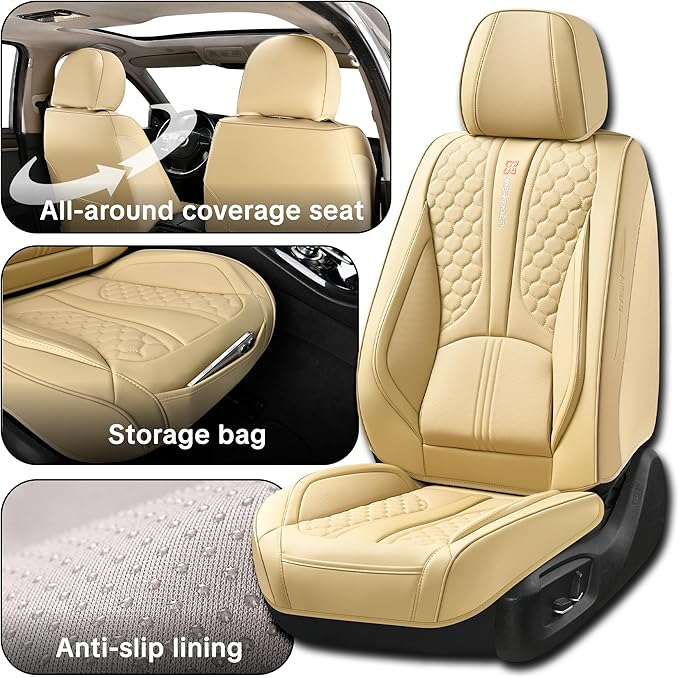 Beige Car Seat Covers for Ford Bronco Sport 2021-2025 Car Seat Cover, Faux Leather, 5 Piece Full Set, Waterproof, with Lumbar Support, Protect and Upgrade Seats