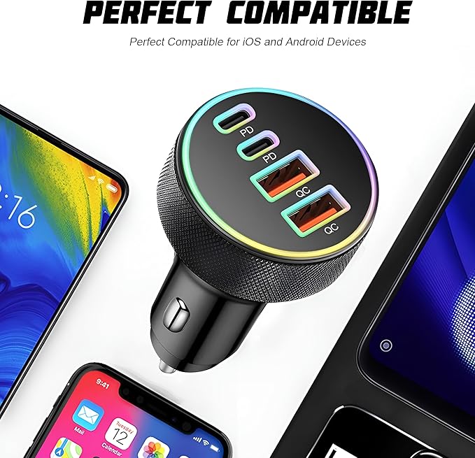 4 in 1 USB C Car Charger, 4-Port 90W PD QC Dual USB C & USB A Vehicle Fast Charging Cigarette Lighter Adapter, Multiport Auto Phone Charge Adapter, Fits 16 15 14 Pro Max Tablet (Black)