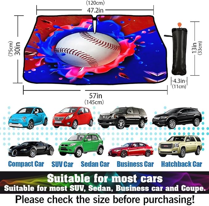 Socira Baseball Car Windshield Sunshade Umbrella Foldable Visor Umbrella Sun Shade Cover Sunshade Front Window Cover Car Accessories Blocks Uv Rays (57" X 30")