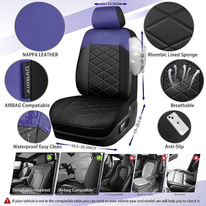 CAR PASS Nappa Leather Waterproof Car Seat Covers Two Front, 3D Foam Automotive Seat Covers with Memory Foam, Universal Fit for Cars SUV Truck Sedan, Airbag Compatible, Black Blue