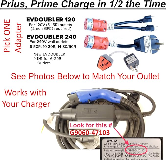 Fits Toyota Prius Prime. The Amazing EVDOUBLER is a Low Cost Upgrade Adapter, Just Plug it in, Charges Fast Like a Level 2 Electric Vehicle Car EVSE Charger. Needs a NEMA 10-30 Outlet