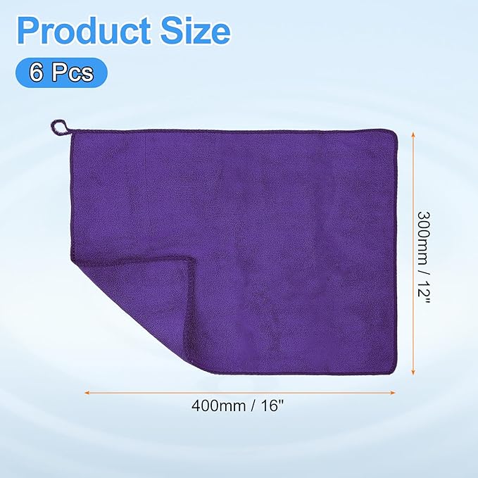 HARFINGTON 6 Pack Microfiber Cleaning Cloth, 16" x 12" Multi-Functional Cleaning Towels Reusable Absorbent Rags with Hook for Car Wash Kitchen Household Window Clean, Purple