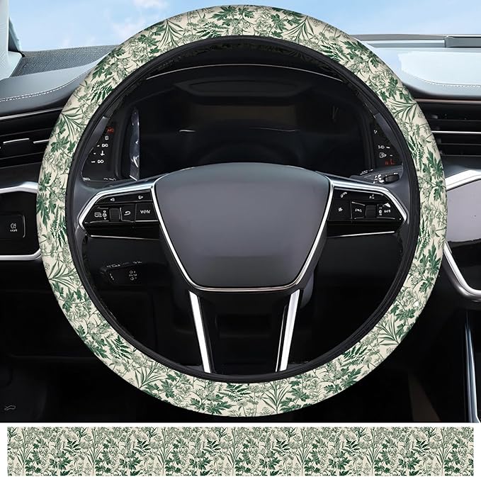 Elastic Car Steering Wheel Cover, Universal 20 inch Non-Slip Breathable Neoprene Steering Wheel Protector, Car Accessories for Women Men Fit Auto, Suvs, Truck Green Floral