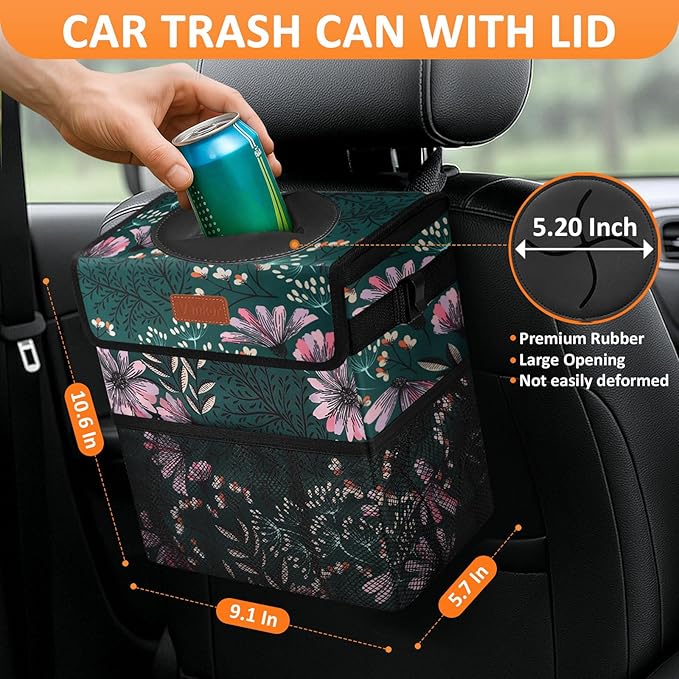 Vankor Car Trash Can for Car Cute, Bag Bin Hanging Waterproof Automotive Garbage Cans Leak Proof Vehicle Trash Can Navy Floral