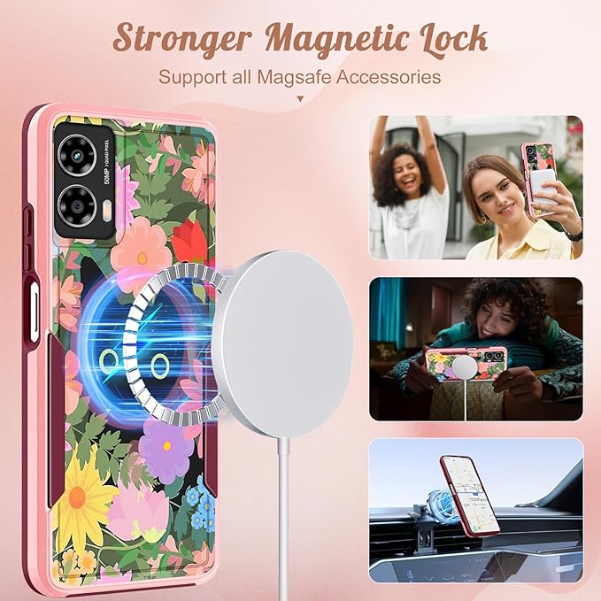 for Moto G Power 5G 2024 Case - Compatible with MagSafe Women Girls Cute Magnetic Phone Cover Girly Cat Flower Floral Heavy Duty Shockproof Design for Motorola Moto G Power 5G 2024 Cases