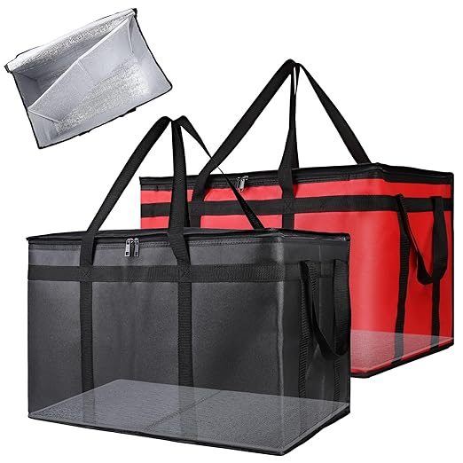Bodaon Catering Bag with Removable Hard Bottom, XXX-Large Insulated Food/Pizza Delivery Bag for Delivery Drivers, Cooler/Hot Bags, Insulated Grocery Food Warmer Container Supplies (2Pk, Black + Red)