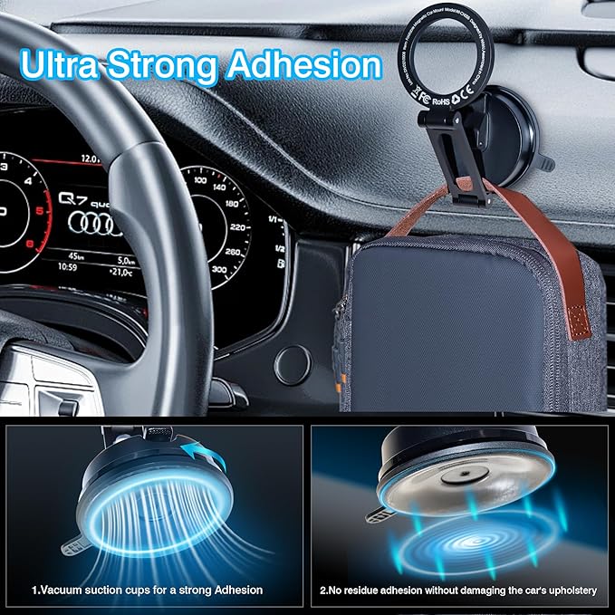 WIWU for MagSafe Car Mount Magnetic Phone Holder 360°Rotation Suction Cup Phone Mount for Car Foldable Adjustable Stable Cradle Compatible with iPhone 17/16/15/14/13/12 Series Android