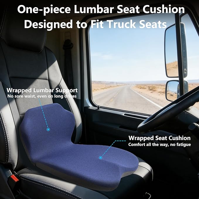 Memory Foam Truck Seat Cushion & Lumbar Support Set – Ergonomic U-Shape Tailbone Relief + L-Shape Back Cushion for Long-Haul Semi/Pickup Drivers Breathathable Cover Non-Slip Bottom Dark Blue