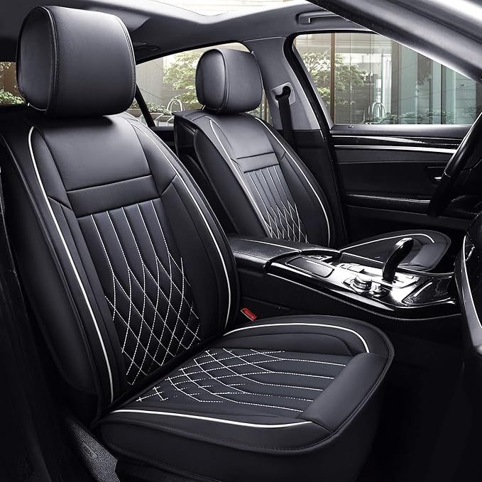 Aierxuan Front Car Seat Covers Universal Fit for Honda Civic Accord, Toyota Camry Prius Rav4 Corolla, Kia, Lexus, Nissan, Mazda, Jeep Cherokee and Most Cars, with Waterproof Leather (Black and White)