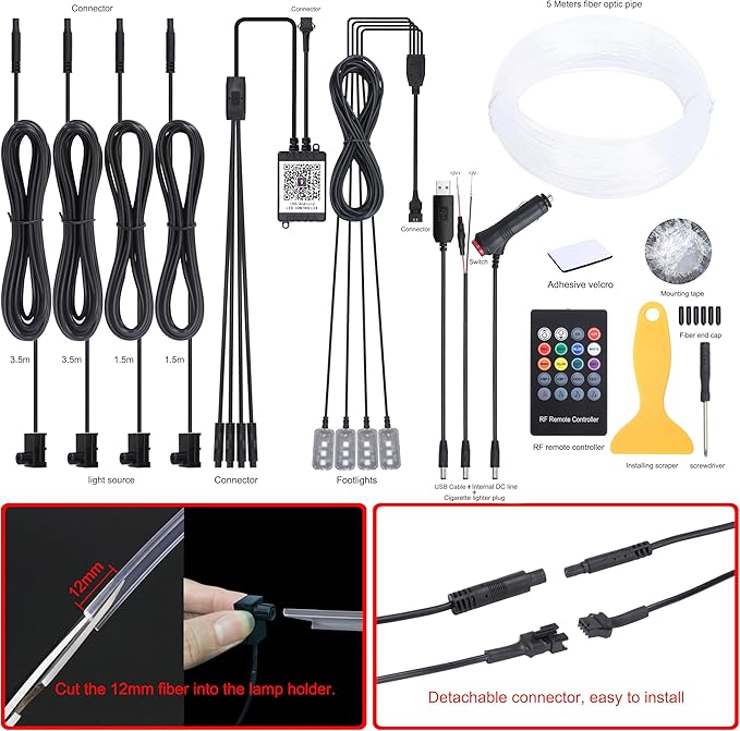 5 m Optic Fiber Car Ambient Lighting Kit Bluetooth App Control + RF Remote Control 64 Colors Multicoloured Music Interior Footwell Lighting Kit 12V 1W
