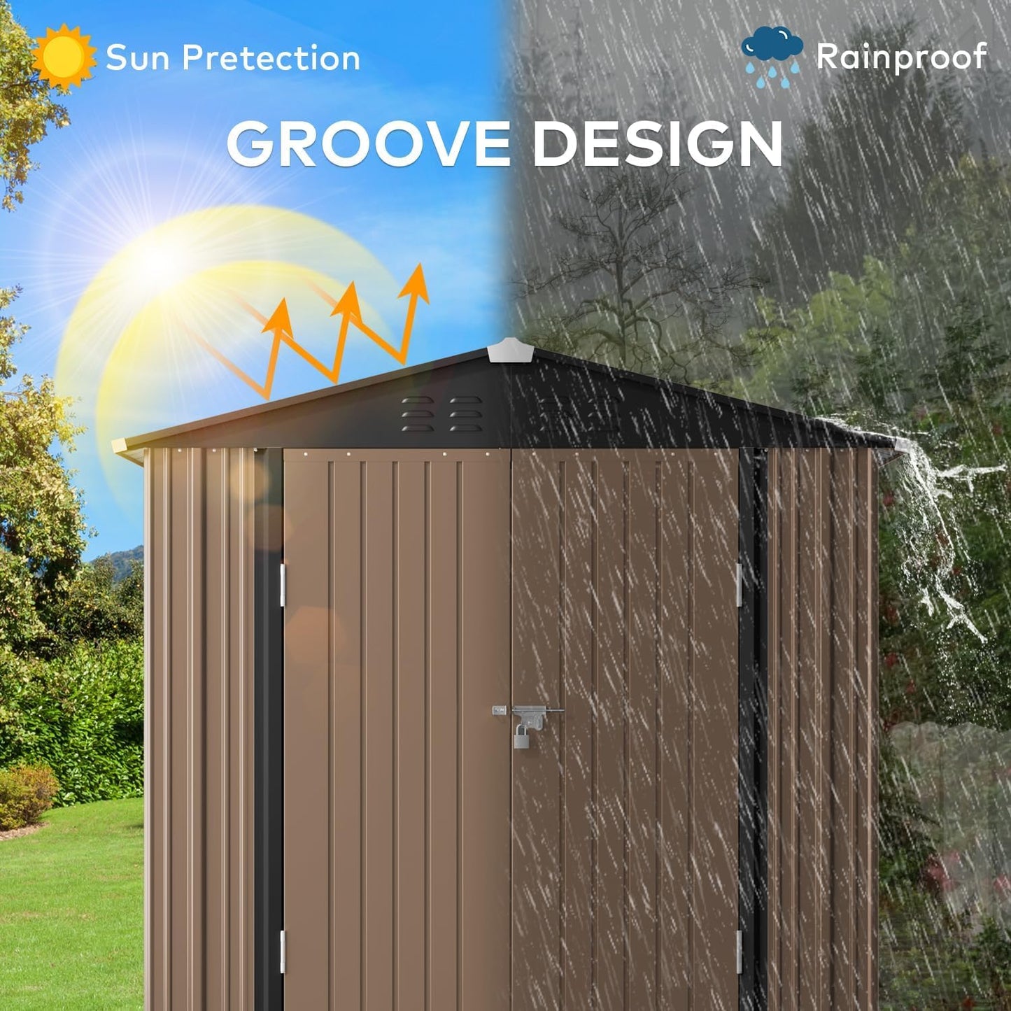 Gizoon Outdoor Storage Shed 6 x 4 FT, Galvanized Metal Garden Shed with Double Lockable Doors, Outdoor Storage Clearance for Backyard Patio Lawn-Light Brown