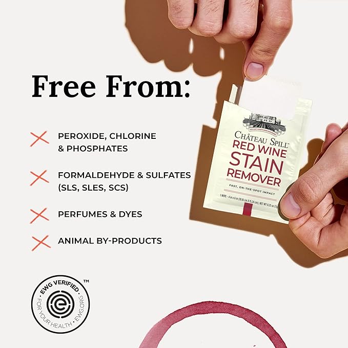 Chateau Spill Red Wine Stain Remover Wipes - 5 Count Individually Wrapped to go Wipes for Stubborn Stains on Clothes, Tablecloth, Carpet, Upholstery and Laundry
