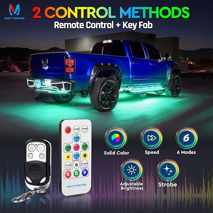 MICTUNING N8 RGBW Underglow Chasing Lights for Car with Remote & Key Fob Dual Control, IP68 Waterproof Rigid Aluminum LED Light Bar, Exterior Neon Accent Underbody Light Kit Multicolor Mode