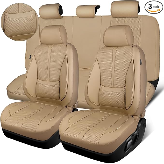 CAR PASS Nappa Leather Seat Covers Full Set, 3D Foam Faux Leather Car Seat Covers with Lumbar Support, Water Resistant Comfort & Universal Fit for Cars SUV Truck Most Vehicles, All Beige