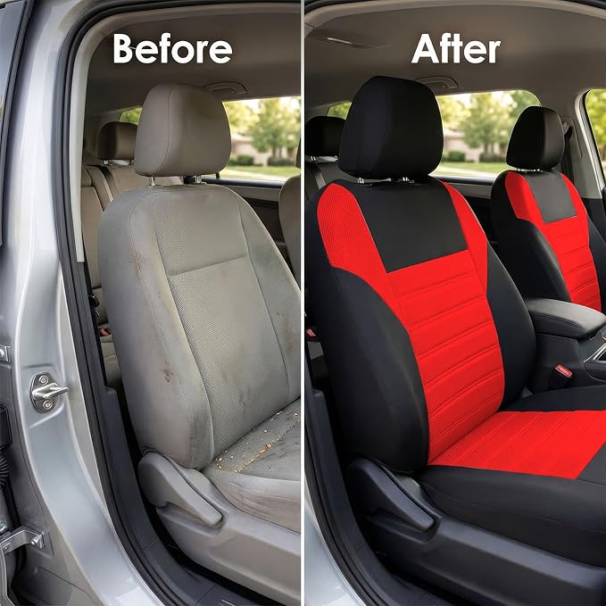 FH Group Automotive Car Seat Covers Full Set Premium 3D Air Mesh Front Seat Covers, Airbag Compatible & Split Bench Cover Universal Fit Interior Accessories for Cars Trucks and SUVs - Red