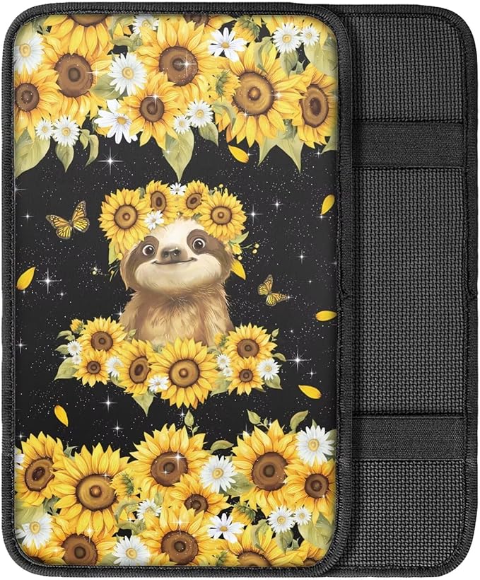 Suobstales Sloth Sunflower Daisy Butterfly Print Car Armrest Pad Soft Center Console Arm Rest Protector Cover Universal Car Interior Accessories Decoration