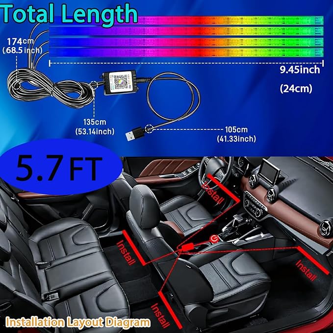 STONEBANKS 5.7FT LED Interior Light for Car, 48LEDs RGB USB Under Dash Lighting, Footwell Neon Internal Lights Kit, Smart APP and Remote Dual Control, Multicolor Music and Mic Mode