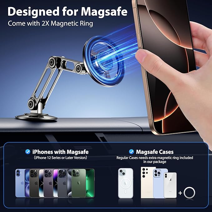 Ultra Magnetic Long-Arm Phone Holder Stand, Fits for MagSafe Car Mount Bracket【Windshield+Vent+Dash】, 360° Rotation Adjustable Strong Magnets Car Mount Desk Office Phone Cradle Holder, Black