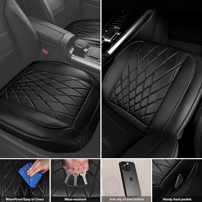 CAR PASS 2 Pack Leather Front Car Seat Covers, Bottom Seat Covers Full Wrapped with Storage Pocket, Anti-Slip Leather Seat Protectors,Waterproof Seat Cushion Pad Universal Fit Sedan SUV Truck, Black